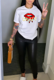 White Fashion Street Lips Printed Patchwork Letter O Neck T-Shirts