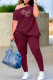 Burgundy Fashion Casual Letter Hot Drilling Patchwork Oblique Collar Short Sleeve Two Pieces