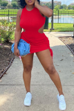 Red Sexy Solid Hollowed Out O Neck Pencil Skirt Dresses