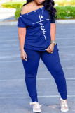 Blue Fashion Casual Print Patchwork Asymmetrical Oblique Collar Short Sleeve Two Pieces