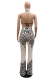 Black Fashion Sexy Patchwork Sequins See-through Backless Halter Regular Jumpsuits