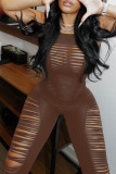 Blue Sexy Solid Hollowed Out Patchwork O Neck Skinny Jumpsuits