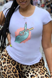 White Fashion Street Print Patchwork O Neck T-Shirts