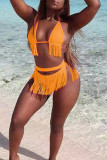 Pink Fashion Sexy Solid Tassel Bandage Swimwears