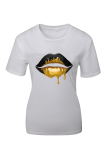 White Fashion Street Lips Printed Patchwork O Neck T-Shirts