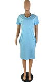 Light Blue Fashion Casual Solid Basic V Neck Short Sleeve Dress