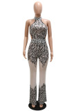 Black Fashion Sexy Patchwork Sequins See-through Backless Halter Regular Jumpsuits