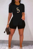 Black Fashion Casual Print Slit O Neck Short Sleeve Two Pieces
