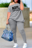 Grey Fashion Casual Letter Print Patchwork Oblique Collar Short Sleeve Two Pieces