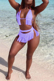 Pink Fashion Sexy Solid Tassel Bandage Swimwears
