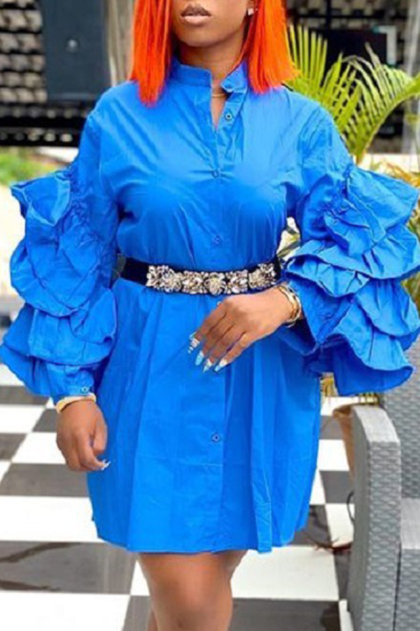 Blue Casual Solid Flounce Turndown Collar Straight Dresses
