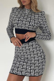 Black Fashion Street Print Patchwork Half A Turtleneck Long Sleeve Two Pieces