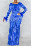 Blue Fashion Sexy Patchwork Hot Drilling See-through O Neck Long Sleeve Dresses