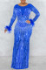 Blue Fashion Sexy Patchwork Hot Drilling See-through O Neck Long Sleeve Dresses