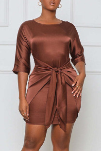 Brownness Casual Solid Bandage Split Joint O Neck One Step Skirt Plus Size Dresses