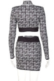Black Fashion Street Print Patchwork Half A Turtleneck Long Sleeve Two Pieces