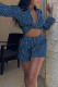 Blue Casual Striped Print Patchwork Buckle Turndown Collar Long Sleeve Two Pieces