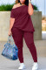 Burgundy Fashion Casual Solid Patchwork Oblique Collar Short Sleeve Two Pieces