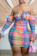 Blue Sexy Plaid Patchwork Off the Shoulder Pencil Skirt Dresses