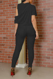 Black Casual Solid Split Joint Asymmetrical O Neck Short Sleeve Two Pieces