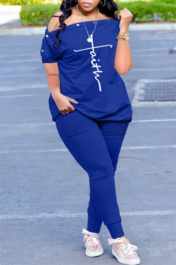 Blue Fashion Casual Print Patchwork Asymmetrical Oblique Collar Short Sleeve Two Pieces
