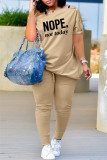 Grey Fashion Casual Letter Print Patchwork Oblique Collar Short Sleeve Two Pieces