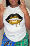White Fashion Street Lips Printed Patchwork O Neck T-Shirts