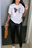 White Fashion Street Butterfly Print Patchwork Letter O Neck T-Shirts