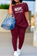 Burgundy Fashion Casual Letter Print Patchwork Oblique Collar Short Sleeve Two Pieces