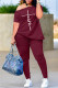 Burgundy Fashion Casual Print Patchwork Asymmetrical Oblique Collar Short Sleeve Two Pieces