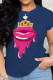 Navy Blue Fashion Street Lips Printed Patchwork O Neck T-Shirts