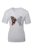 White Fashion Street Butterfly Print Patchwork Letter O Neck T-Shirts