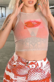 Grey Sexy Print Mesh Tops