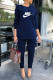 Tibetan Blue Fashion Elegant Print Letter O Neck Long Sleeve Two Pieces