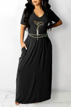 Black Casual Print Split Joint V Neck Straight Dresses