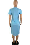 Light Blue Fashion Casual Solid Basic V Neck Short Sleeve Dress
