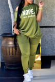 Grey Fashion Casual Letter Print Patchwork Oblique Collar Short Sleeve Two Pieces