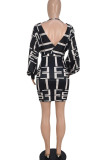 Black Sexy Print Patchwork V Neck Pencil Skirt Dresses