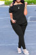 Black Fashion Casual Solid Patchwork Oblique Collar Short Sleeve Two Pieces