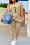 Blue Fashion Casual Print Patchwork Asymmetrical Oblique Collar Short Sleeve Two Pieces