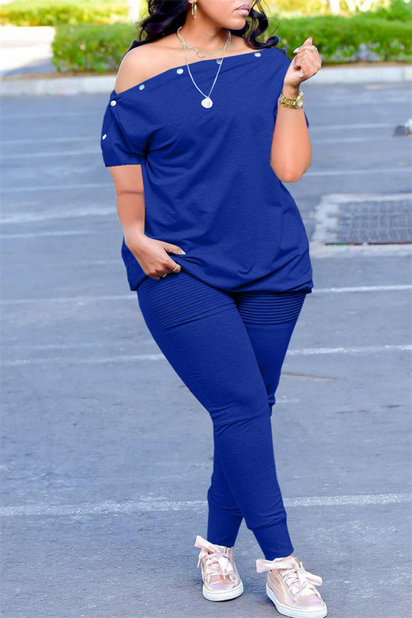 Blue Fashion Casual Solid Patchwork Oblique Collar Short Sleeve Two Pieces
