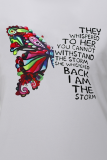 White Fashion Street Butterfly Print Patchwork Letter O Neck T-Shirts