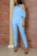 Blue Casual Solid Patchwork Asymmetrical O Neck Short Sleeve Two Pieces