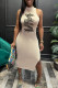 Khaki Fashion Sexy Print Backless Slit Half A Turtleneck Sleeveless Dress
