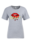 White Fashion Street Lips Printed Patchwork Letter O Neck T-Shirts