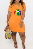 Orange Fashion Casual Lips Printed Basic V Neck Short Sleeve Dress