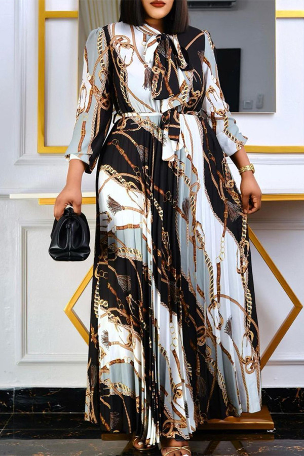 Black Fashion Casual Print Frenulum O Neck Long Sleeve Dresses