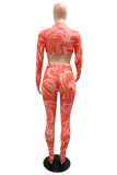 Orange Fashion Sexy Print Basic Turndown Collar Long Sleeve Two Pieces