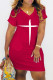 Red Fashion Casual Print Basic V Neck Short Sleeve Dress Dresses