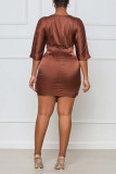 Brownness Casual Solid Bandage Split Joint O Neck One Step Skirt Plus Size Dresses
